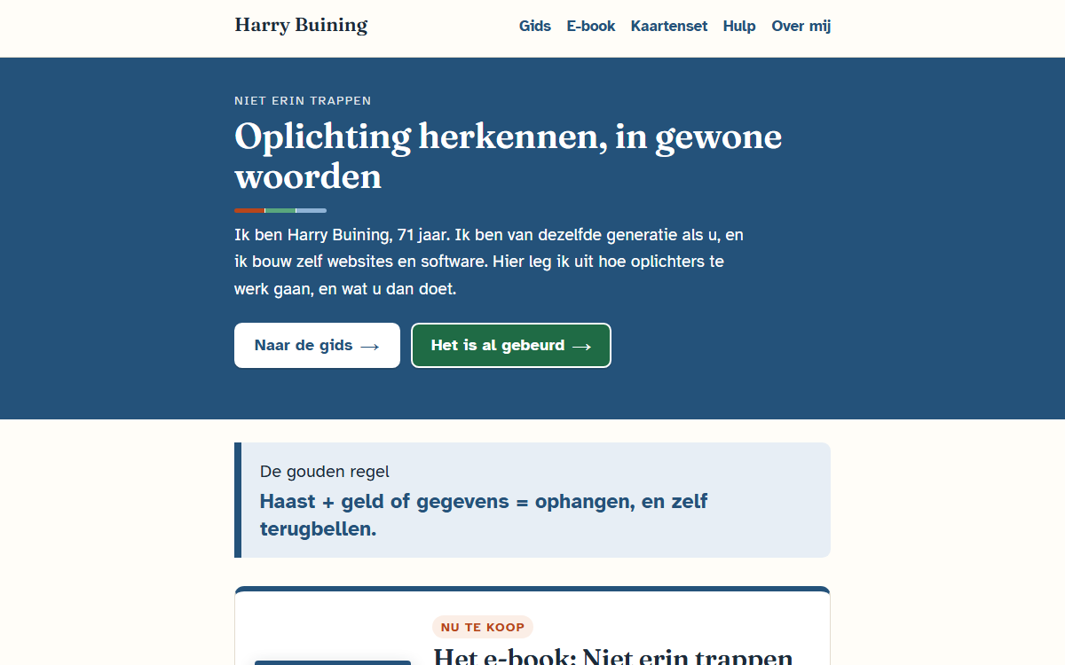 Screenshot of harrybuining.nl: recognising scams, in plain words